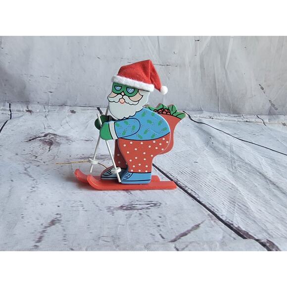 Skiing Santa Avon Christmas Ornament Flocked Santa Hat Plastic Skies - Picture 1 of 5